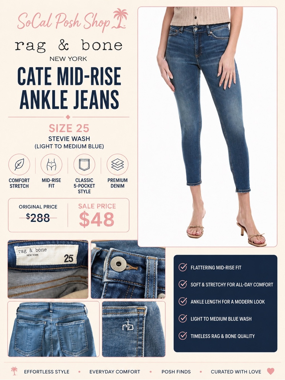 rag & bone Cate Mid-Rise Ankle Jeans — Stevie Light-to-Medium Blue 25 (Size 2)